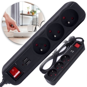 PRZEDŁUŻACZ 3M LISTWA 2xUSB + 3x230V Z WŁĄCZNIKIEM ROZGAŁĘZIACZ
