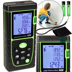 DALMIERZ LASEROWY MIERNIK ODLEGŁOŚCI CYFROWY 60M POZIOMICA WODOODPORNY LCD